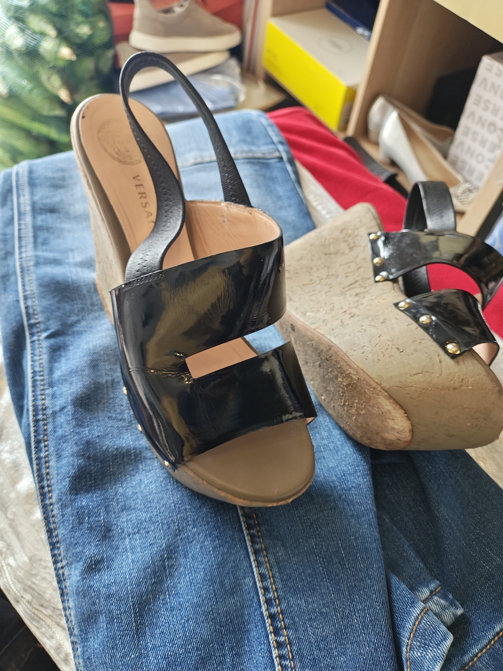 Versace Black Patent Leather Platform Slingback Wedges